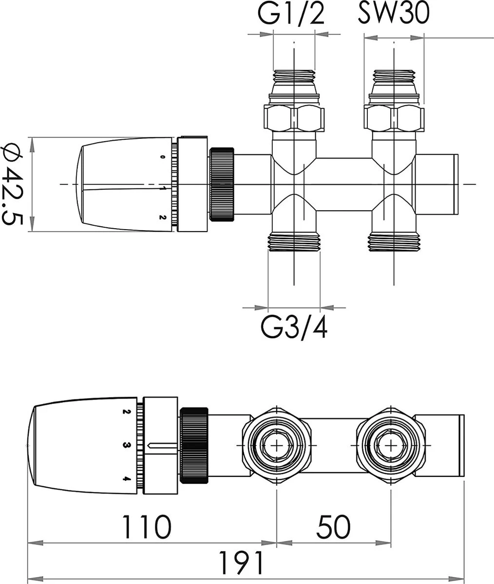 Robinet Thermostatique Schulte Réf.EP3769002, Raccord Bas "droit" Chromé 50 Mm, Départ (réglable), Retour (verrouillable) Départ Interchangeables - Image 2