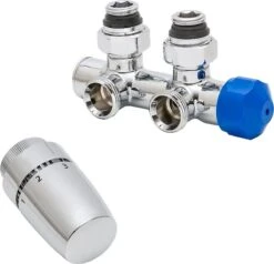 Vanne Thermostatique Schulte Réf. EP3767002, Raccord Bas Central Chromé "coudé" 50 Mm, Départ (réglable), Retour (verrouillable) Départ Interchangeable