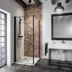 Cabine De Douche Schulte Black Style, Porte Tournante Avec Paroi Latérale, 90x90x192 Cm, Verre De Sécurité Noir Mat Et Transparent Avec Traitement Anticalcaire, Art. D321506 68 500