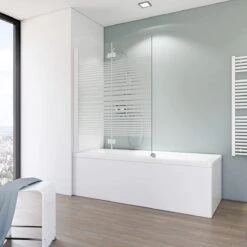 Paroi De Baignoire Schulte KOMFORT, A796 04 72, En 2 Parties, 112 X 140 Cm, Verre De Sécurité Transparent De 5 Mm D'épaisseur Avec Décor à Rayures Quer Et Profilé En Aluminium BLANC