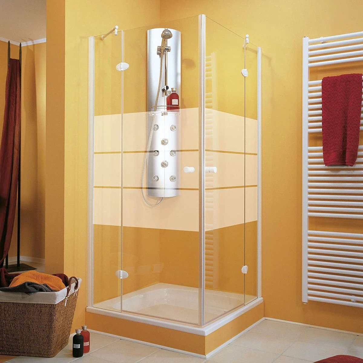 Cabine De Douche Schulte, A793 41 31, Entrée D'angle 90x90x190 Cm Avec 2 Portes Tournantes En Verre De Sécurité Avec Décor En Verre Depoli Light Et Profil Chromé