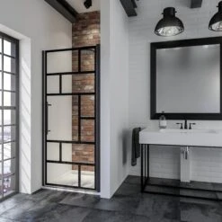 Porte De Douche Schulte Black Style Avec Verre Décoratif Atelier 1, Porte Tournante Pour Niche, 90x192 Cm, Verre De Sécurité Noir Mat Et Transparent Avec Traitement Anticalcaire, Art. EP321006 68 1660 26