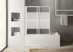 Paroi De Bain 2 Parties - Réglable En Hauteur - Extensible En Longueur - 71-123x140 Cm - Blanc - Verre Décor Blanc Sablé - Verre De Sécurité - Atelier Du Bain