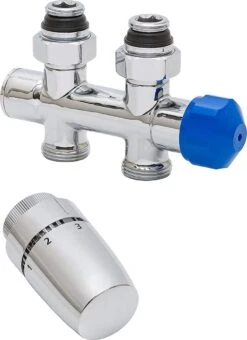 Robinet Thermostatique Schulte Réf.EP3769002, Raccord Bas "droit" Chromé 50 Mm, Départ (réglable), Retour (verrouillable) Départ Interchangeables